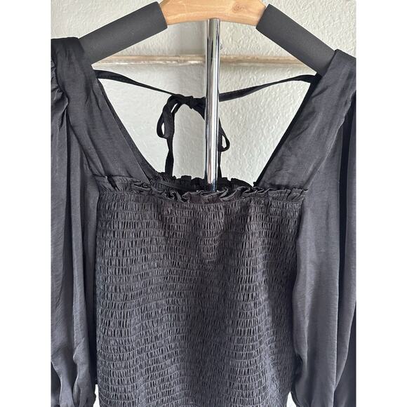 SHE + SKY Womens Black Crop Top Long Balloon Sleeves Elastic Top Medium - Picture 2 of 10